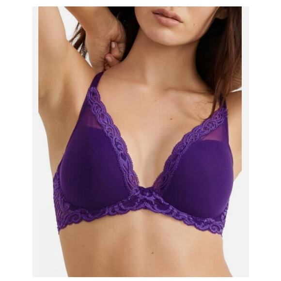 Natori NWT Size 34D Feathers Purple Allium Plunge Underwire Padded Lace Trim Bra - Picture 1 of 7